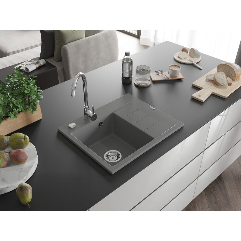 Mexen Ben chiuvetă de granit cu 1 cuvă și scurgător, stânga 600 x 500 mm, gri, sifon crom - 6522605000-71