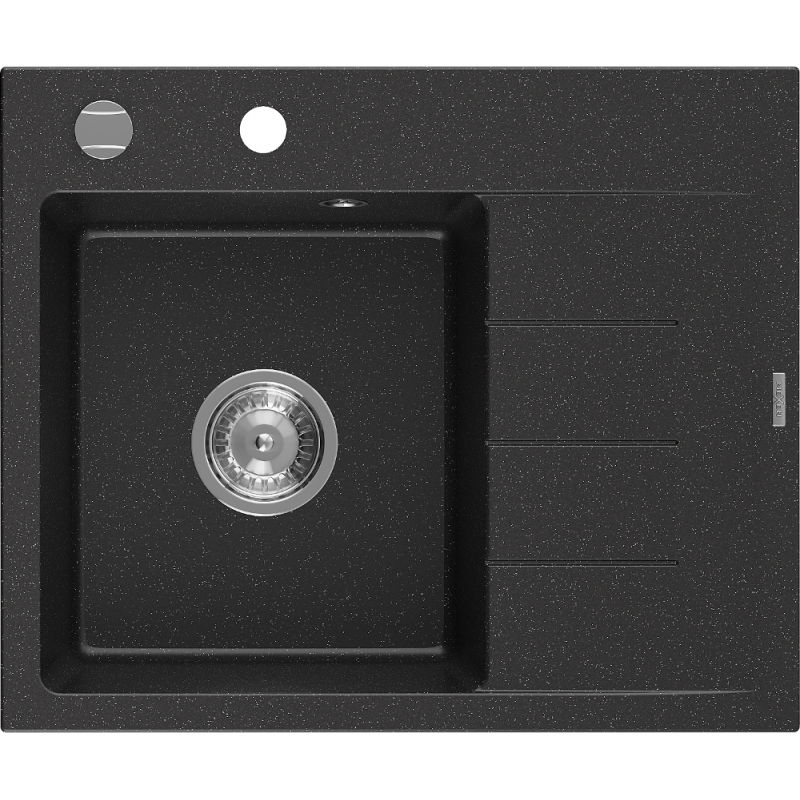 Mexen Ben chiuvetă din granit cu o cuvă și scurgător, stângă 600 x 500 mm, negru/argintiu metalic, sifon crom