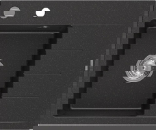 Mexen Ben chiuvetă din granit cu o cuvă și scurgător, stângă 600 x 500 mm, negru/argintiu metalic, sifon crom