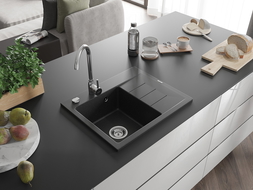 Mexen Ben chiuvetă granit 1-cuplu cu scurgător stânga 600 x 500 mm, negru/argintiu metalizat, sifon crom - 6522605000-73