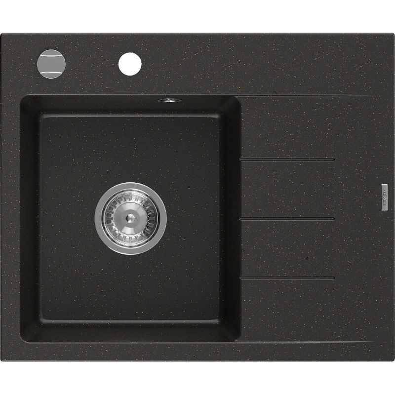 Mexen Ben 1 rekeszes gránit mosogató csepegtetővel, balos, 600 x 500 mm, fekete/arany metál, krómozott szifon