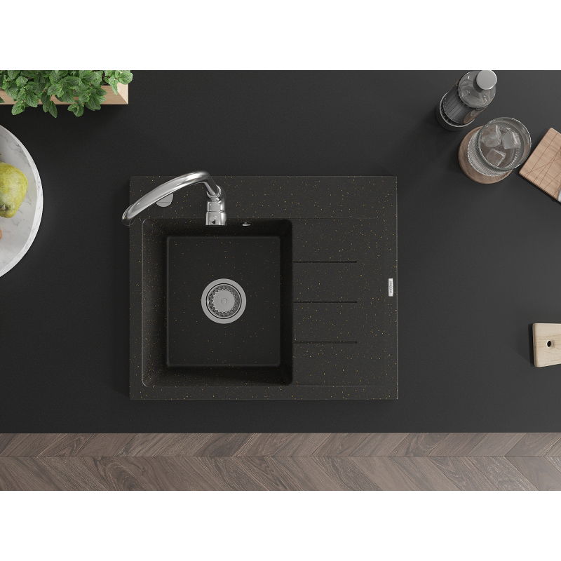 Mexen Ben 1 rekeszes gránit mosogató csepegtetővel, balos, 600 x 500 mm, fekete/arany metál, krómozott szifon