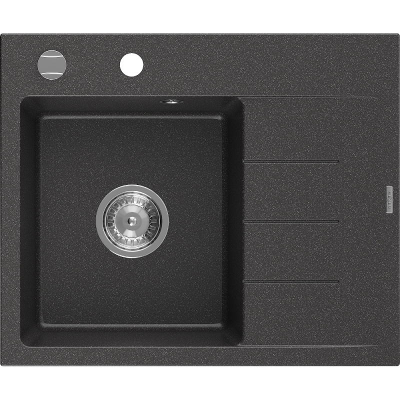 Mexen Ben chiuvetă de granit cu o cuvă și scurgător, stânga 600 x 500 mm, negru pătat, sifon crom - 6522605000-76