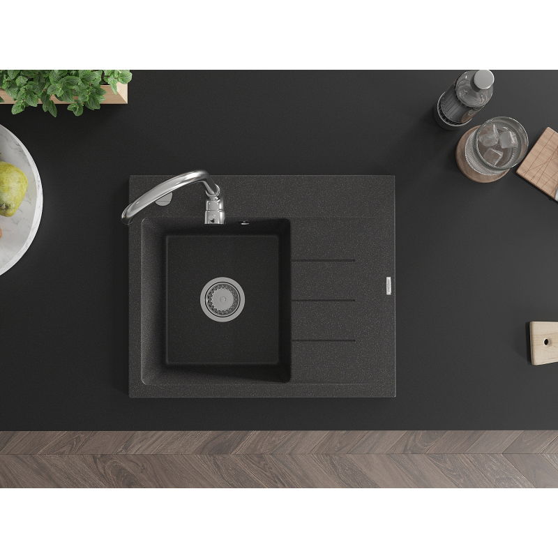 Mexen Ben gránit mosogató 1-medencés csepegtetővel, balos, 600 x 500 mm, fekete pöttyös, króm szifon - 6522605000-76