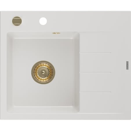 Mexen Ben gránit mosogató 1-medencés csepegtetővel, balos 600 x 500 mm, fehér, arany szifon - 6522605000-20-G