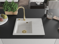 Mexen Ben chiuvetă de granit cu 1 compartiment și scurgător stânga 600 x 500 mm, alb, sifon auriu - 6522605000-20-G