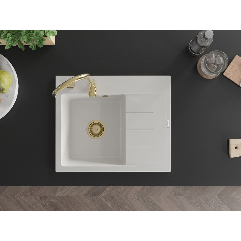 Mexen Ben chiuvetă de granit cu 1 cuvă și scurgător, stânga 600 x 500 mm, albă, sifon auriu - 6522605000-20-G