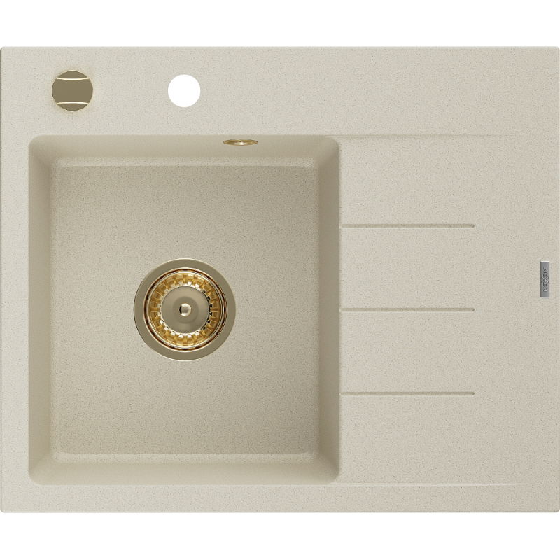 Mexen Ben gránit mosogató 1-medencés csepptálcával, balos 600 x 500 mm, bézs, arany szifon - 6522605000-69-G