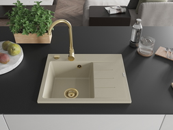 Mexen Ben chiuvetă de bucătărie granit cu 1 compartiment și picurător stâng 600 x 500 mm, bej, sifon auriu - 6522605000-69-G