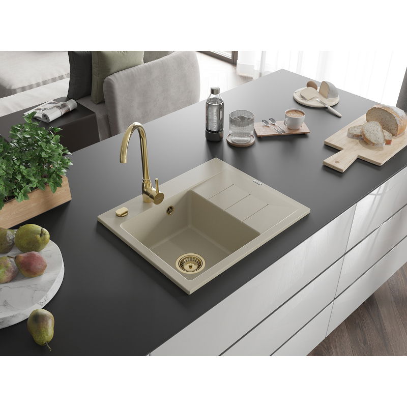 Mexen Ben gránit mosogató 1-medencés csepptálcával, balos 600 x 500 mm, bézs, arany szifon - 6522605000-69-G