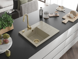 Mexen Ben chiuvetă de granit cu 1 compartiment cu scurgător, stânga 600 x 500 mm, bej, sifon auriu - 6522605000-69-G