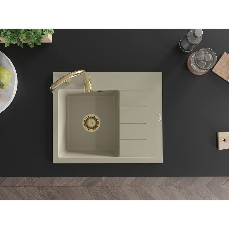 Mexen Ben chiuvetă de granit cu 1 compartiment cu scurgător, stânga 600 x 500 mm, bej, sifon auriu - 6522605000-69-G