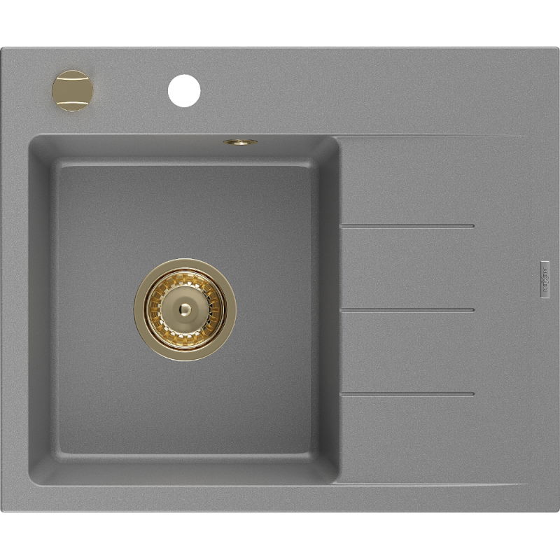 Mexen Ben chiuvetă de granit cu 1 compartiment și scurgător pe stânga 600 x 500 mm, gri, sifon auriu - 6522605000-71-G