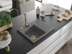 Mexen Ben chiuvetă de granit cu 1 compartiment și scurgător pe stânga 600 x 500 mm, gri, sifon auriu - 6522605000-71-G
