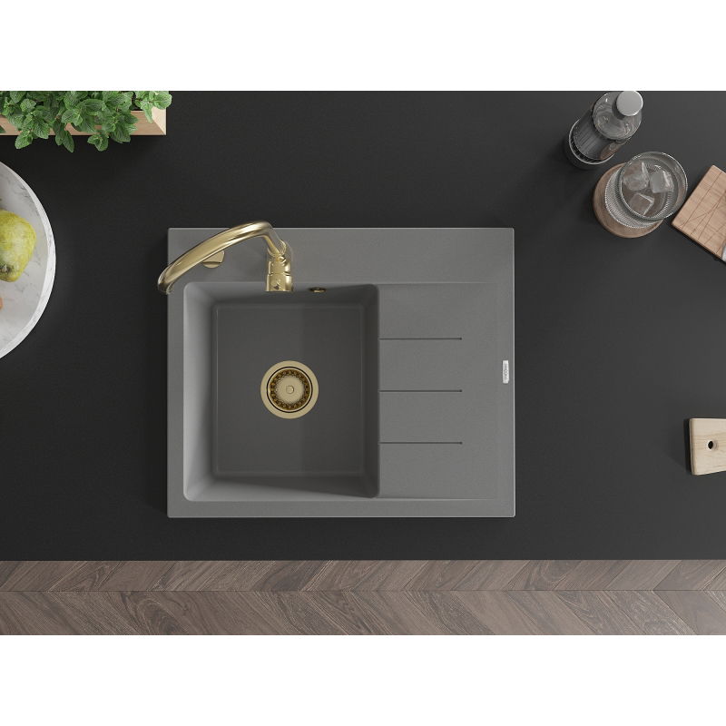 Mexen Ben chiuvetă din granit cu 1 compartiment cu scurgere, stânga 600 x 500 mm, gri, sifon auriu - 6522605000-71-G