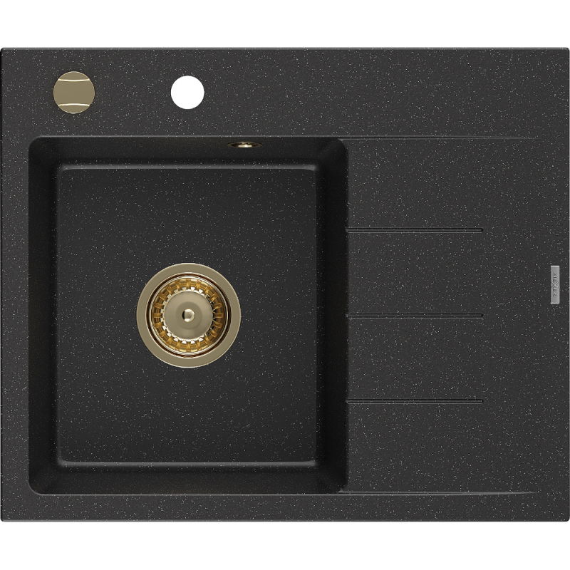 Mexen Ben gránit mosogató 1-medencés csepegtetővel, balos 600 x 500 mm, fekete/ezüst metál szifon arany - 6522605000-73-G
