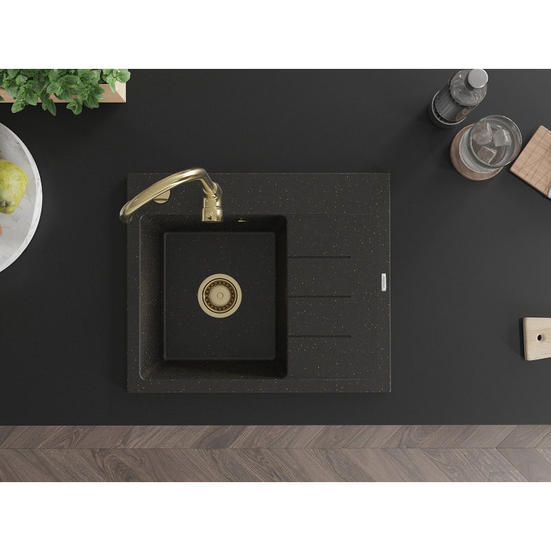 Mexen Ben chiuvetă granit 1-cameră cu picurător, stângă 600 x 500 mm, negru/auriu metalic, sifon auriu - 6522605000-75-G