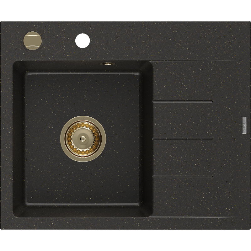 Mexen Ben chiuvetă granit 1-cameră cu picurător, stângă 600 x 500 mm, negru/auriu metalic, sifon auriu - 6522605000-75-G