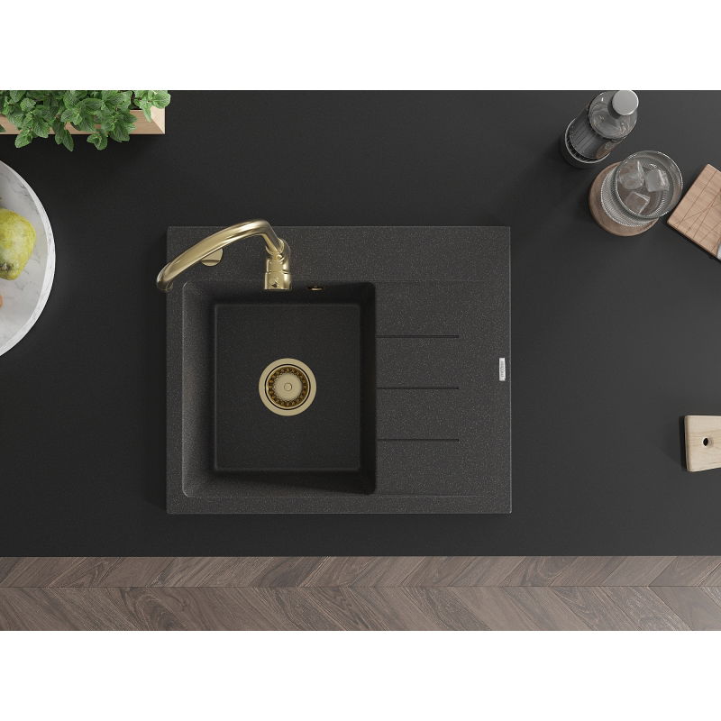 Mexen Ben chiuvetă de granit cu 1 compartiment și scurgător, stânga, 600 x 500 mm, negru cu pete, sifon auriu