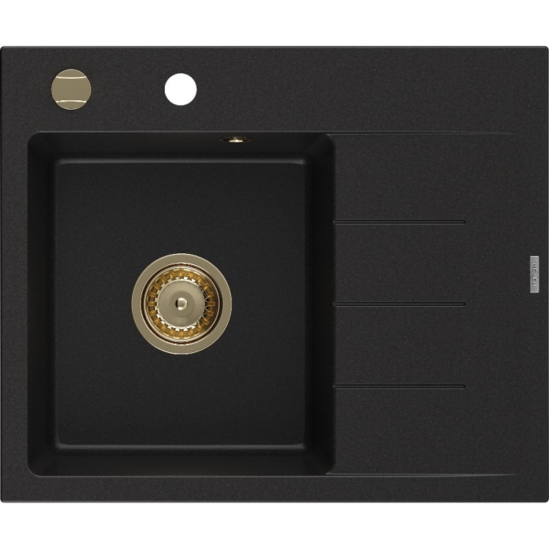 Mexen Ben chiuvetă de granit cu 1 compartiment și scurgător, stânga 600 x 500 mm, negru, sifon auriu - 6522605000-77-G