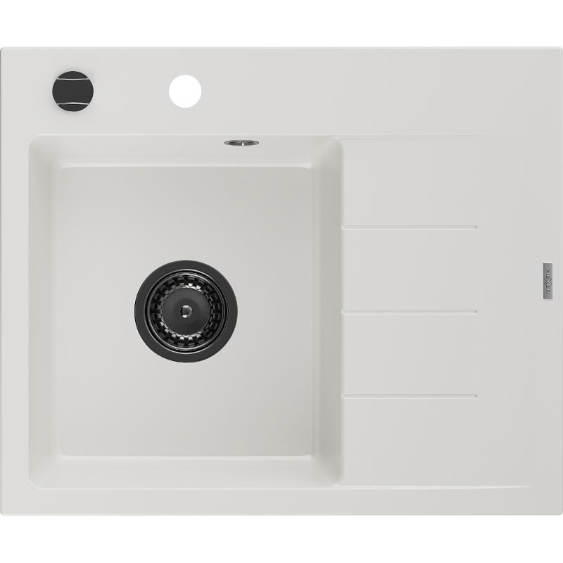Mexen Ben chiuvetă de granit cu 1 compartiment și scurgător, stânga 600 x 500 mm, alb, sifon negru - 6522605000-20-B