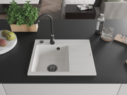 Mexen Ben chiuvetă de granit cu 1 compartiment și scurgător, stânga 600 x 500 mm, alb, sifon negru - 6522605000-20-B