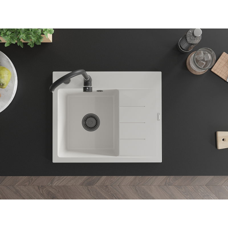 Mexen Ben chiuvetă de granit cu 1 compartiment și scurgător, stânga 600 x 500 mm, alb, sifon negru - 6522605000-20-B
