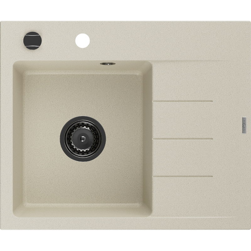 Mexen Ben chiuvetă de granit cu o cuvă și picurător, stânga 600 x 500 mm, bej, sifon negru - 6522605000-69-B