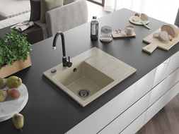 Mexen Ben chiuvetă de bucătărie din granit cu o cuvă și scurgător pe stânga 600 x 500 mm, bej, sifon negru - 6522605000-69-B