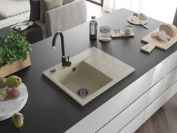 Mexen Ben chiuvetă de granit cu o cuvă și picurător, stânga 600 x 500 mm, bej, sifon negru - 6522605000-69-B