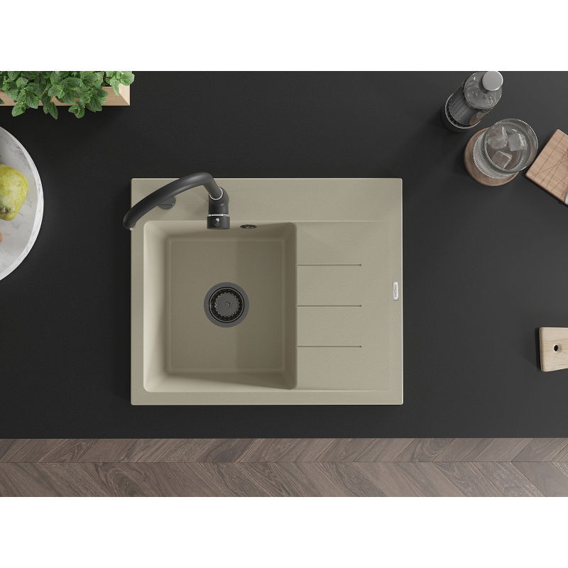 Mexen Ben chiuvetă de granit cu o cuvă și picurător, stânga 600 x 500 mm, bej, sifon negru - 6522605000-69-B