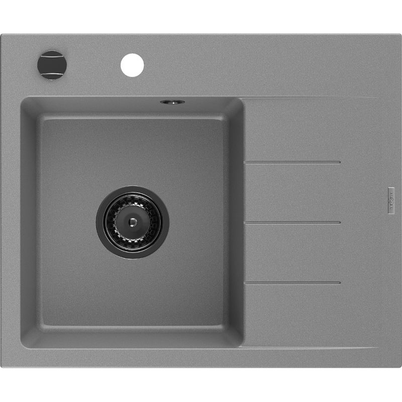 Mexen Ben gránit mosogató 1-medencés csepegtetővel, bal oldali 600 x 500 mm, szürke, fekete szifon - 6522605000-71-B