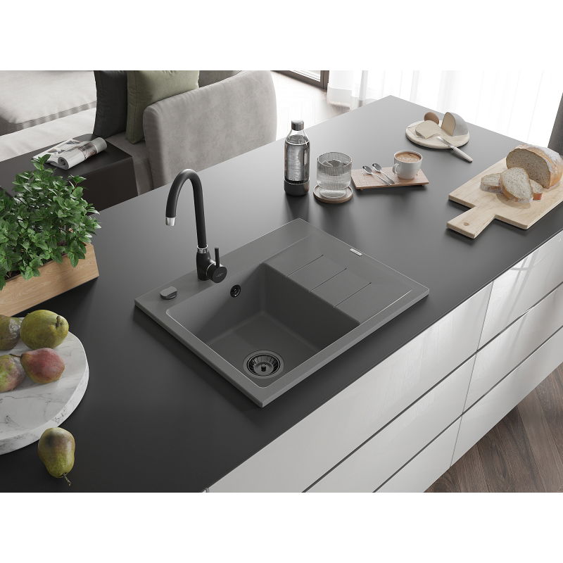 Mexen Ben chiuvetă de granit cu o cuvă și scurgător, stânga, 600 x 500 mm, gri, sifon negru - 6522605000-71-B