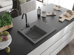 Mexen Ben chiuvetă de bucătărie din granit cu 1 cameră și picurător stânga 600 x 500 mm, gri, sifon negru - 6522605000-71-B