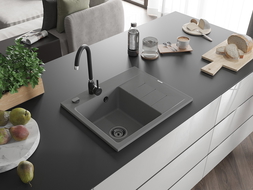 Mexen Ben chiuvetă de granit cu o cuvă și scurgător, stânga, 600 x 500 mm, gri, sifon negru - 6522605000-71-B