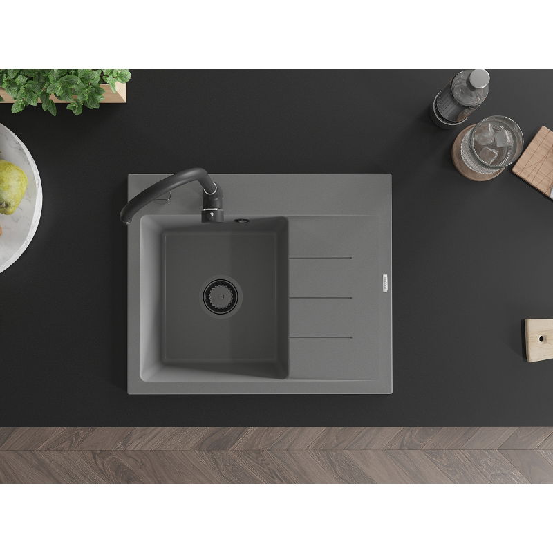 Mexen Ben gránit mosogató 1-medencés csepegtetővel, bal oldali 600 x 500 mm, szürke, fekete szifon - 6522605000-71-B
