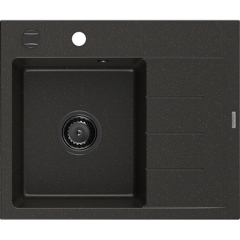 Mexen Ben gránit mosogató egy kamrával és csepegtetővel, balos 600 x 500 mm, fekete/arany metál, fekete szifon