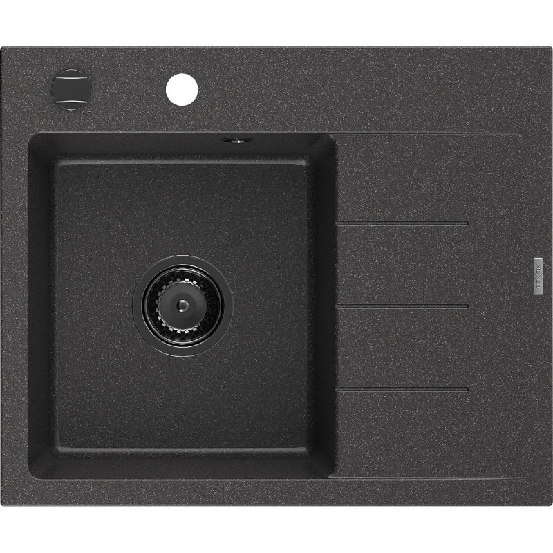 Mexen Ben chiuvetă de granit cu 1 compartiment, cu picurător stânga 600 x 500 mm, negru cu pete, sifon negru - 6522605000-76-B