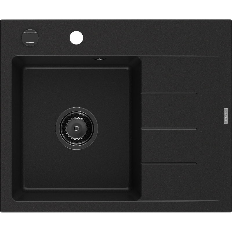 Mexen Ben chiuvetă de granit cu 1 cuvă cu scurgător, stânga 600 x 500 mm, negru, sifon negru - 6522605000-77-B