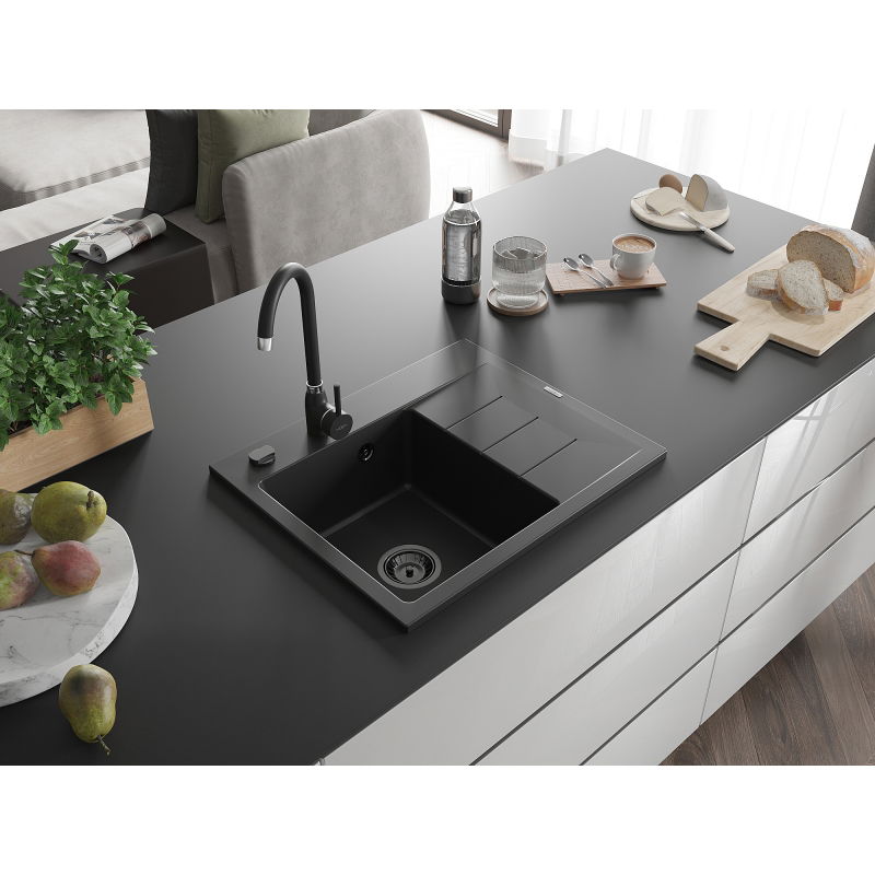 Mexen Ben chiuvetă de granit cu 1 cuvă cu scurgător, stânga 600 x 500 mm, negru, sifon negru - 6522605000-77-B