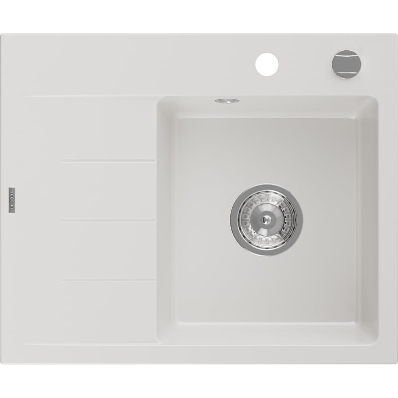 Mexen Ben chiuvetă de granit cu 1 cuvă, cu scurgător, dreapta, 600 x 500 mm, albă, sifon cromat - 6523605000-20