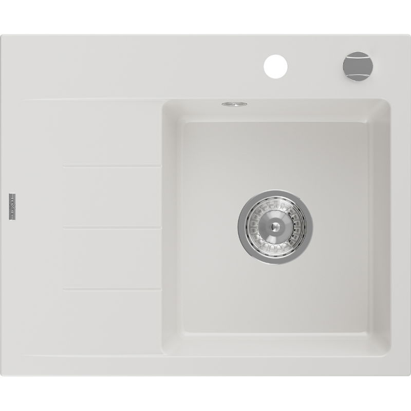Mexen Ben gránit mosogató 1-medencés csepegtetővel, jobb oldal 600 x 500 mm, fehér, krómozott szifon - 6523605000-20
