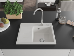 Mexen Ben chiuvetă de granit cu o cuvă și scurgător dreapta 600 x 500 mm, alb, sifon crom - 6523605000-20