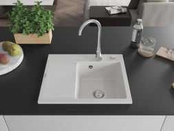 Mexen Ben gránit mosogató 1-medencés csepegtetővel, jobb oldal 600 x 500 mm, fehér, krómozott szifon - 6523605000-20