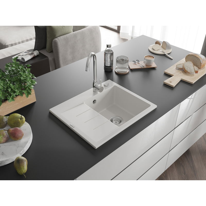 Mexen Ben chiuvetă de granit cu 1 cuvă, cu scurgător, dreapta, 600 x 500 mm, albă, sifon cromat - 6523605000-20