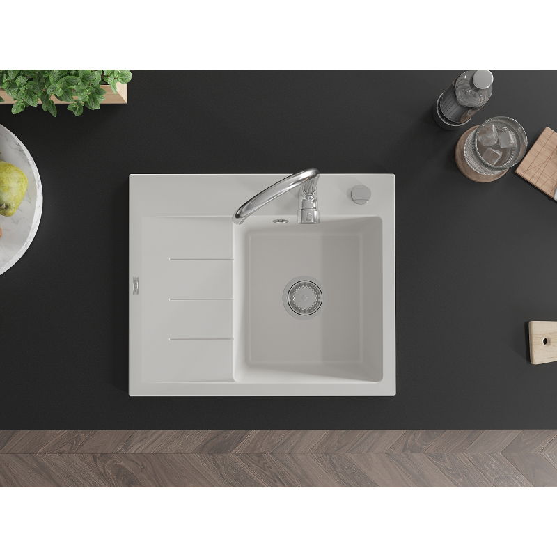 Mexen Ben chiuvetă de granit cu 1 cuvă, cu scurgător, dreapta, 600 x 500 mm, albă, sifon cromat - 6523605000-20