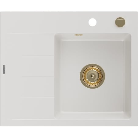 Mexen Ben gránit mosogató 1-medencés jobboldali csepegtetővel 600 x 500 mm, fehér, arany szifon - 6523605000-20-G