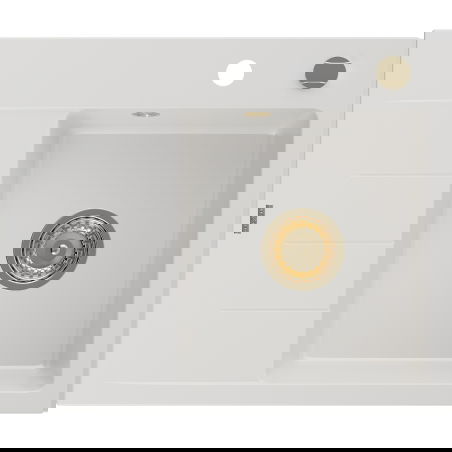 Mexen Ben gránit mosogató egy tálcás lecsöpögtetővel, jobb oldali 600 x 500 mm, fehér, arany szifonnal - 6523605000-20-G