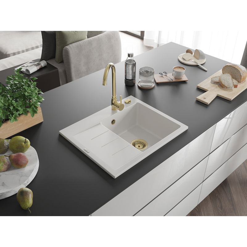 Mexen Ben chiuvetă granit cu 1 compartiment și scurgător, dreapta 600 x 500 mm, alb, sifon auriu - 6523605000-20-G