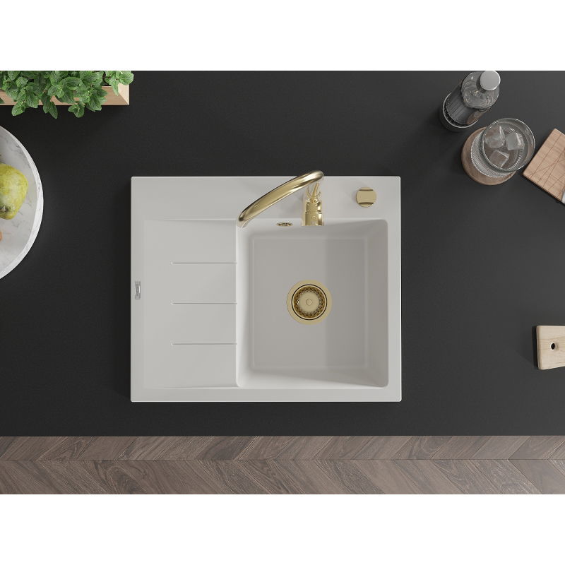 Mexen Ben chiuvetă granit cu 1 compartiment și scurgător, dreapta 600 x 500 mm, alb, sifon auriu - 6523605000-20-G